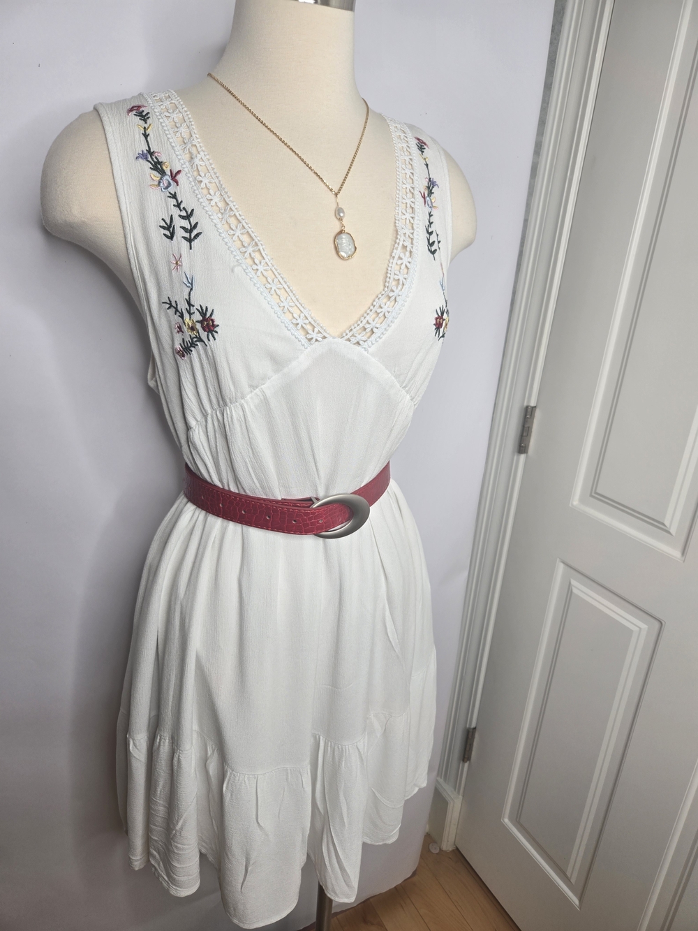 White Embroidered V-Neck Lined Babydoll Dress OR  Night Gown